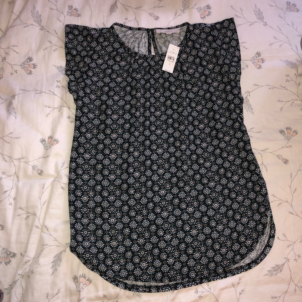 Ruffled Arm Navy Flower Print Blouse